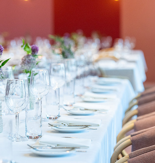 Lange, elegant gedeckte Tafel mit Glasvasen, Geschirr und Reihenbestuhlung für ein gemeinsames Dinner.